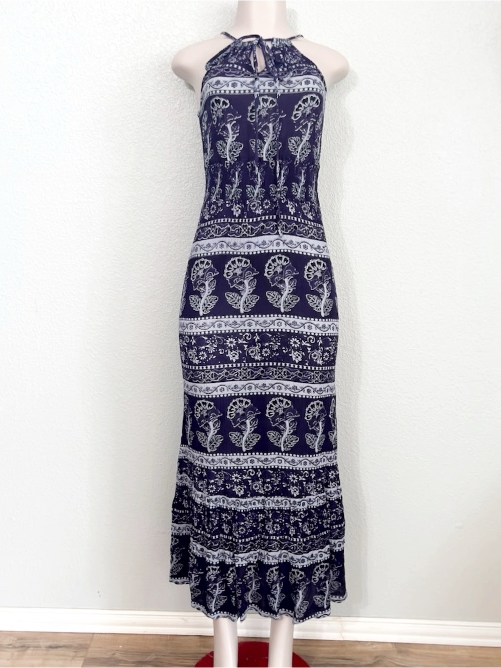 RAGA Boho Floral Woodblock Print Smocked Halter Maxi Dress XS Beach Festival